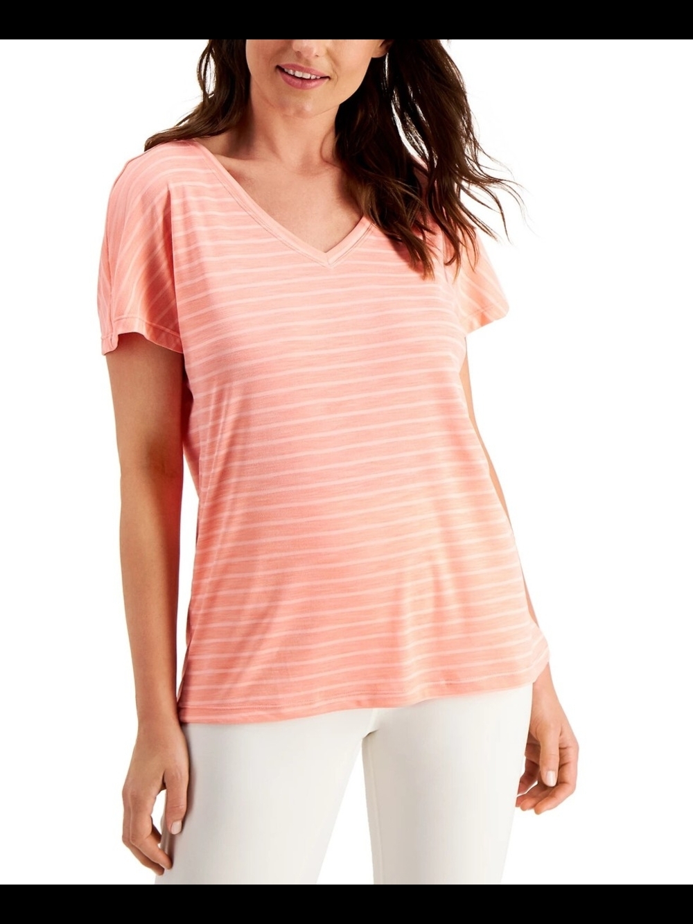 a.n.a Coral Stripe V-Neck Short Sleeve Tee